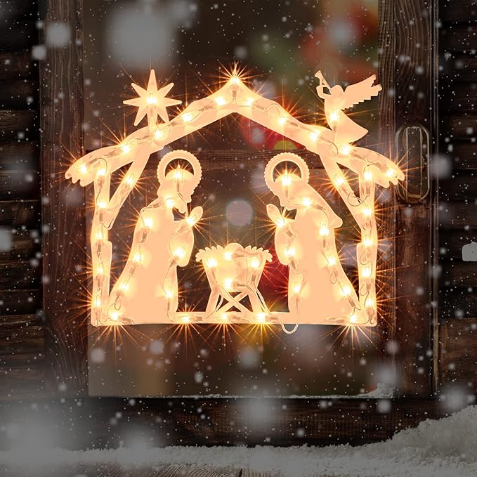 Christmas Window Silhouette Lights, Lighted Nativity Double Sided Decorations with 50 Count Incandescent Mini Light for Holiday Indoor Wall Door Glass Decor
