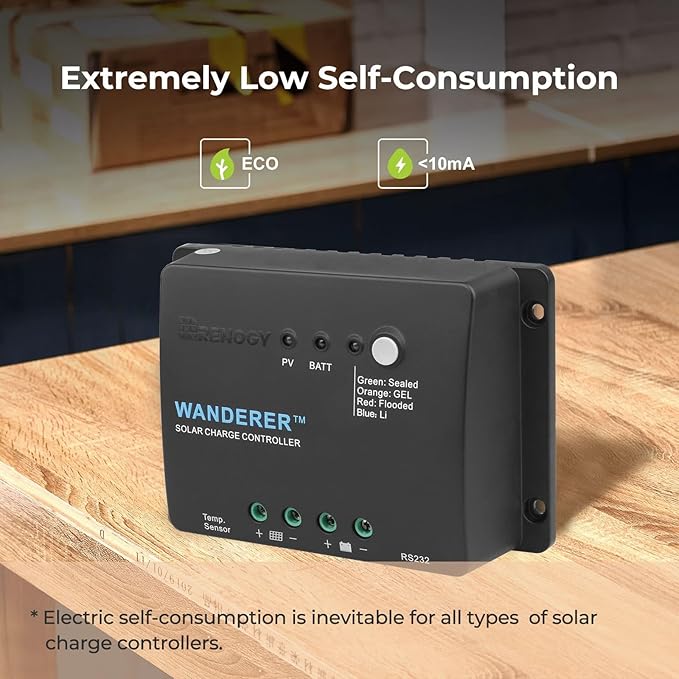 Renogy 12V 30A PWM Solar Charge Controller – Wanderer Li Charge Controllers for Solar Panels 4-Stage Charging for Lithium/Gel/Flooded Batteries, Overload/Short Circuit/Reverse Polarity Protection