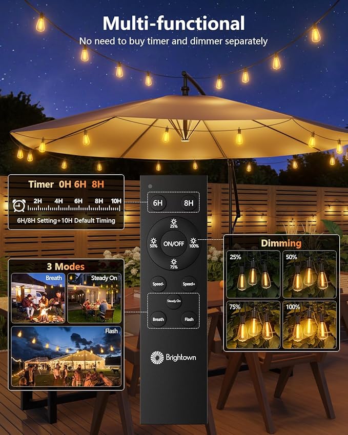 Brightown 37FT Solar String Lights Outdoor Waterproof with Remote, 10+1 LED Shatterproof Bulbs, Dimmable & Timable, 3 Light Modes - Commercial Grade Patio Lights for Garden Backyard Party Decor