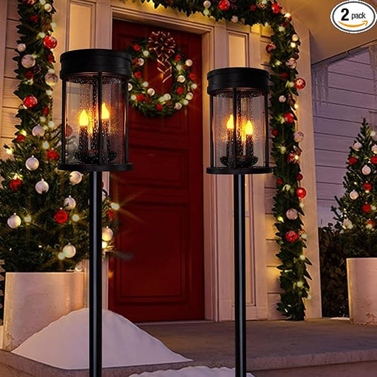 Outdoor Garden Solar Stake Lights Flickering Candle Lantern Lighting for Yard, Lawn, Patio, Pathway, Wall Decoration (2Pack, Black)