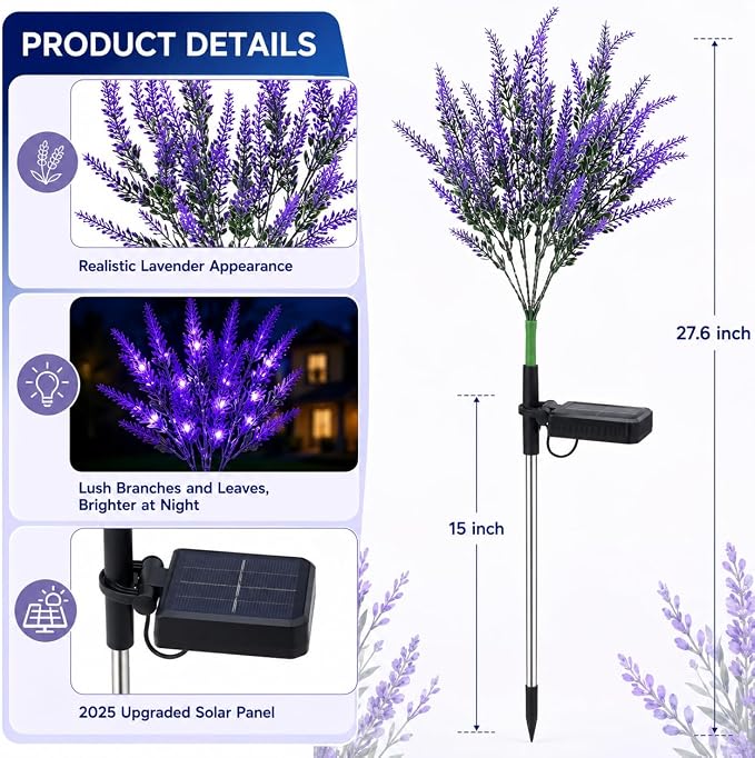 Lavender Solar Garden Lights, 6 Pack Outdoor LED Flowers | 6 purple lavender solar flowers with LEDs; auto on/off, IP65 waterproof stakes for pathway, yard, patio and Halloween decor