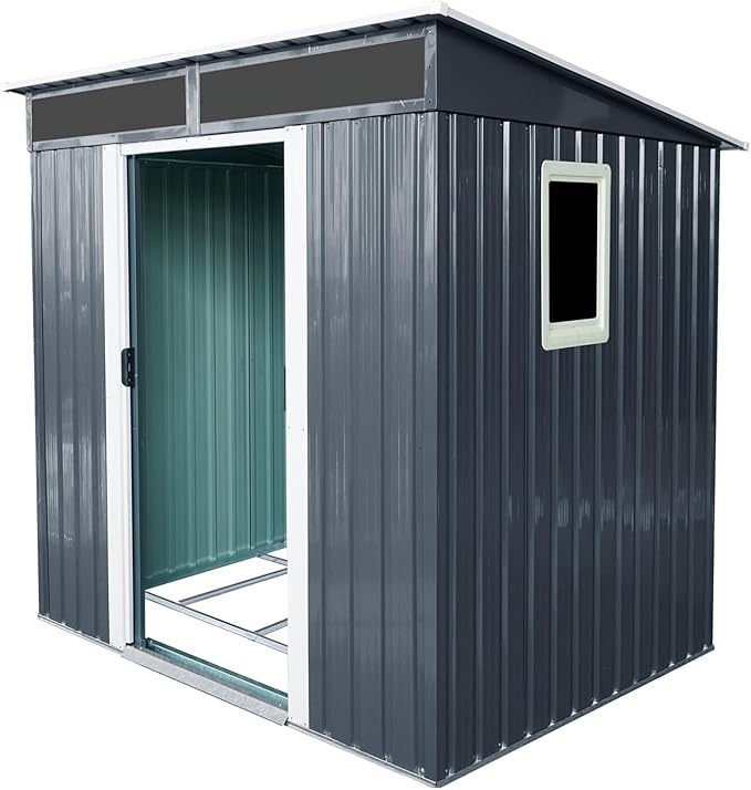 6FT x 5FT Outdoor Storage Shed, Heavy Duty Galvanized Steel Garden Shed with Sloped Roof, Sliding Lockable Doors, Punched Vents & Foundation Kit, Weather Resistant Tool Shed, Black+White with Window