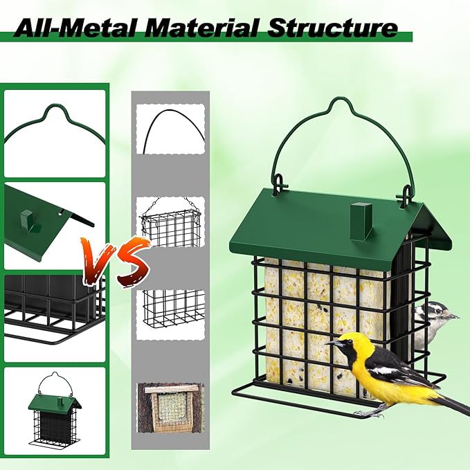Gbekery All-Metal Double Suet Bird Feeder for Outdoors Hanging, Suet Cake Cage Holder with Weather-Resistant Roof & Perch for Outside Garden, Green
