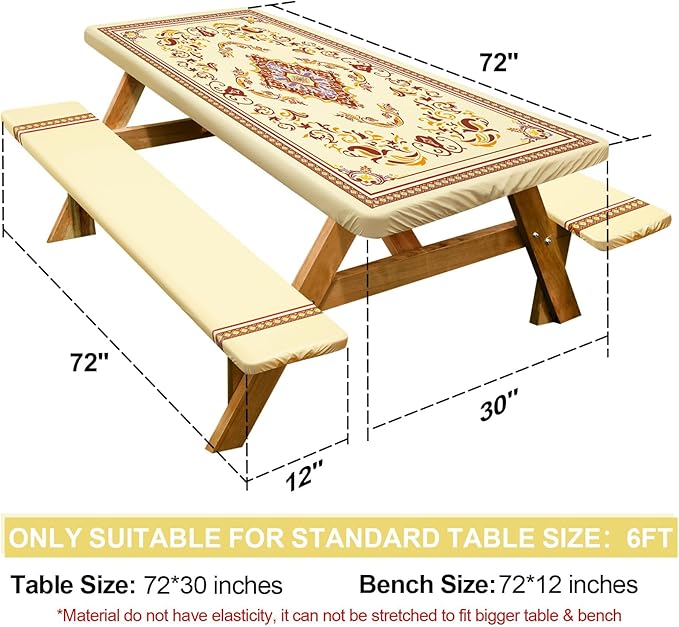 Picnic Table Cover with Bench Covers Camping Essentials Waterproof Windproof Camping Tablecloth with Drawstring Bag, Fitted Rectangle Tables and Seats, 72in, Light Brown