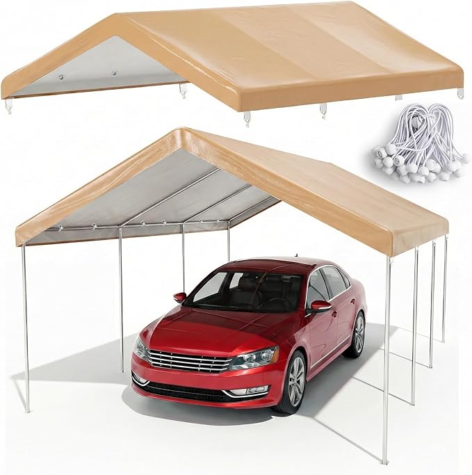 10x20 FT Carport Canopy Replacement Cover, Heavy Duty Car Garage Top Tent Shelter Tarp, Waterproof & UV Protected, Easy Installation with Ball Bungees, Beige (Frame Not Included)