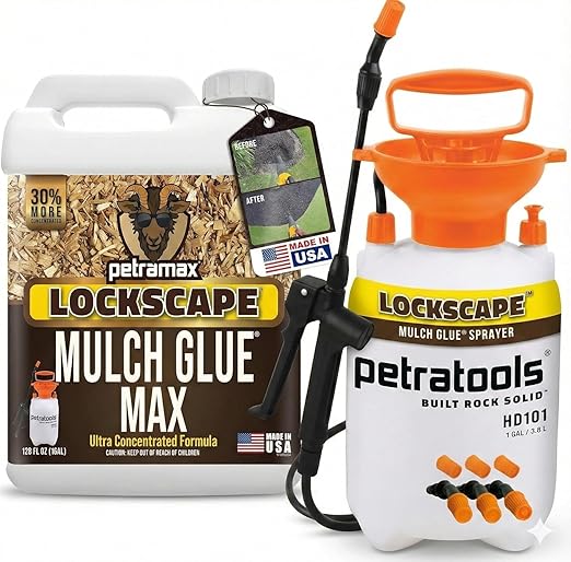 Lockscape Mulch Glue for Landscaping with Sprayer (1 Gal) – Non-Toxic Pet Safe Pine Straw, Rock & Gravel Binder - Weed Barrier, Sticky Mulch Glue Sprayer for Pea Gravel & Landscape Beds