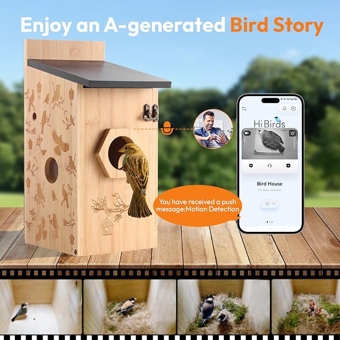 Smart Bird House with Camera – Bamboo Carving, AI Bird Recognition,IP66 Waterproof, Two-Way Audio, App Control,4MP Full-Color Night Vision,Solar-Powered,Cloud & SD Storage (Solar Birdhouse)