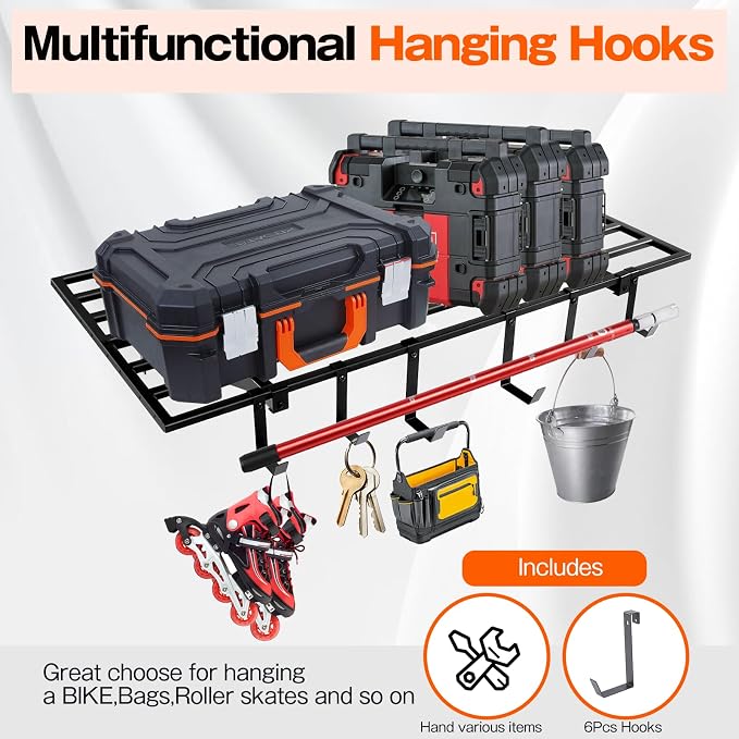 Colinktool Garage Wall Shelving, 2X4ft Garage Storage Rack,Heavy Duty Wall Mounted Storage Shelf With 12 pc Hooks-Each Loads 260lbs Metal Wall Shelf,Black,2Pack