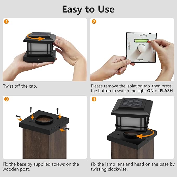 8 Pack Solar Post Cap Lights Outdoor with Flickering Flame, Fence Post Solar Lights Fit for 4x4 3.5x3.5 Wooden Vinyl Posts, Waterproof Solar Lamp for Garden, Deck, Patio, Yard Decor (Black)