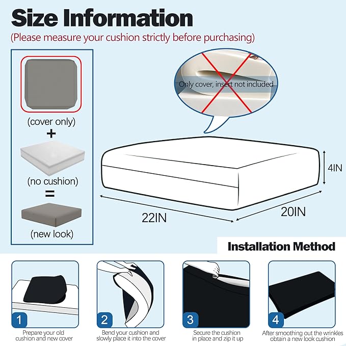 Sqodok Patio Cushion Covers, Waterproof Outdoor Cushion Covers Replacement, Patio Cushion Seat Slicovers for Sectional Sofa, Chair, Outdoor Wicker Patio Sofa (Grey, 22"x20"x4"-2 Pack-Cover ONLY)