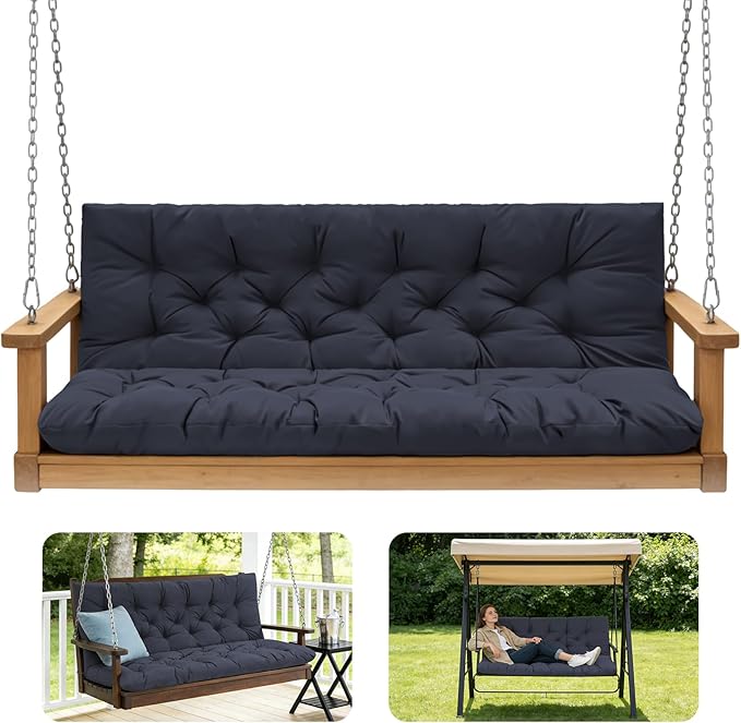 Porch Swing Cushions,Outdoor Cushions 3 Seater Replacement with Backrest, Waterproof Thickened Bench Cushion with Ties for Porch, Patio,Outdoor, Backyard and Garden (Navy Blue 47 * 40 in)