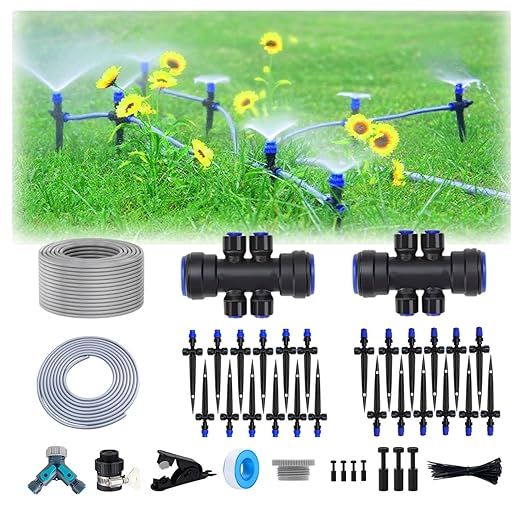 115FT Drip Irrigation Kit,Tandem atomizing Nozzle,Tandem Fan-Shaped Drip Irrigation Emitter,Quick-Connect Automatic Drip Irrigation System,Suitable for Watering Plants in Flowerpot Elevated Bed.
