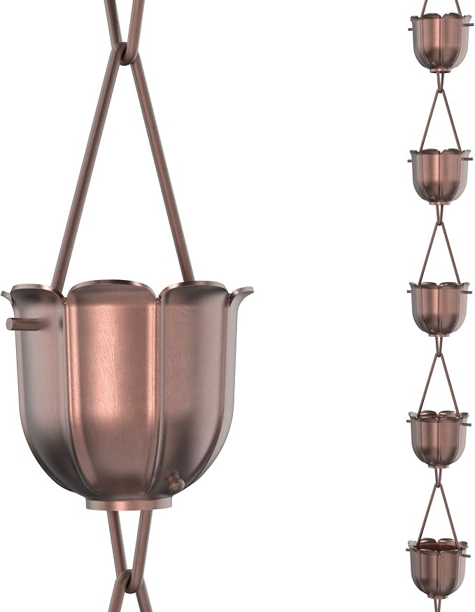 Rain Chains Direct - Flutes Rain Chain - 8.5 FT - Pure Solid Copper - Premium Rain Chains for Gutters