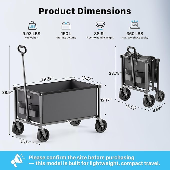 Collapsible Wagon Cart with Wheels, 150L Lightweight Foldable Utility Cart, Portable Rolling Wagon for Garden, Shopping, Sports, Camping, Transport, Darkgray