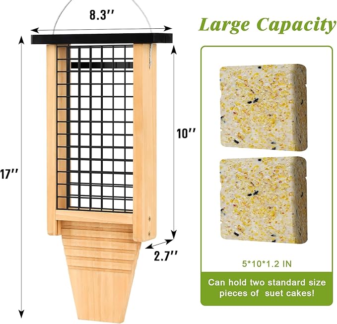 Gbekery Wooden Suet Bird Feeder for Outside Hanging, Large Woodpecker Suet Feeder with Tail Prop, Double Suet Cakes Hanging Bird Feeder for Wild Birds, 1 Pack, Black