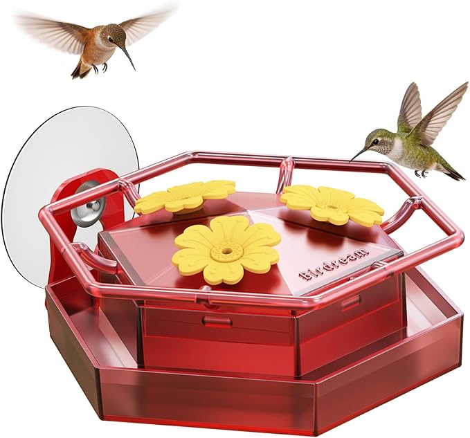 Birdream Window Hummingbird Feeder for Outdoors, 4.4OZ Hummingbird Feeder with Strong Suction Cups, Built-in Ant Moat & 3 Ports, Includes Metal Base and Brush, Easy to Clean & Refill— Red
