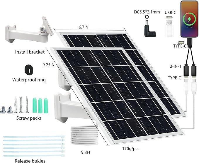 5V 16W Solar Panel for Security Camera IP65 Waterproof USB Solar Panel Charger Type-C Port、Micro USB Port＆DC Port Solar Sanels for Cameras with 9.8ft Charging Cable (8W White 2pack)
