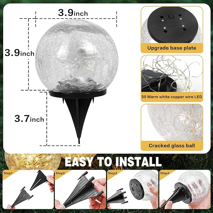 SyouHome Solar Garden Lights Outdoor Waterproof, 4 Pack 30 LEDs Cracked Glass Ball Light, Ground Landscape Garden Decor, Solar Globe Decorative for Pathway/Patio/Lawn/Yard (Multicolor)