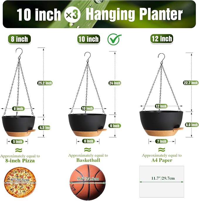 10 Inch Self Watering Hanging Planters, 3 Pack Plastic Plant Pots | Sturdy lightweight pot with side watering lip, drainage holes, snap-on detachable tray & hanging chain for easy care