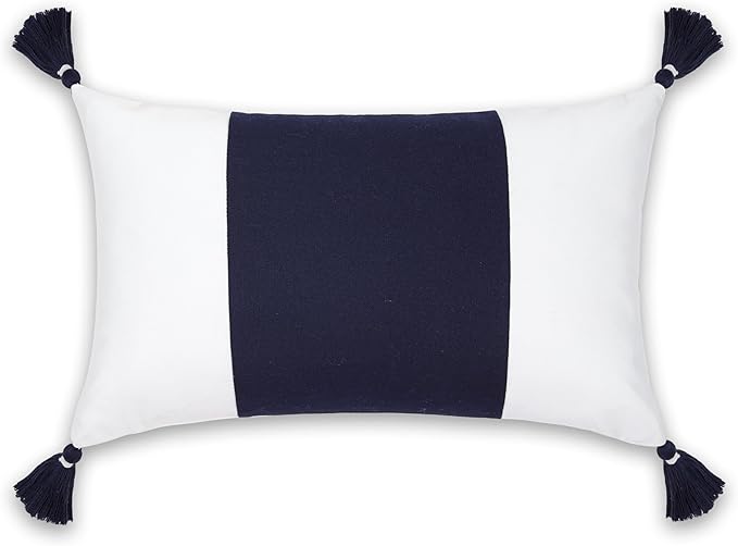Hofdeco Premium Coastal Patio Outdoor Performance Lumbar Pillow Cover Only, 12"x20" Water Repellent, UV and Fade Resistant for Backyard, Couch, Dark Navy Blue Color Block with Tassels