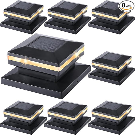 Dynaming 8 Pack Solar Post Cap Lights, Outdoor Decorative Post Solar Lights Black Shell Caps Fit 4x4 5x5 6x6 Vinyl/Wooden Posts, Brightness Warm White LED Lighting for Garden Fence Deck Patio