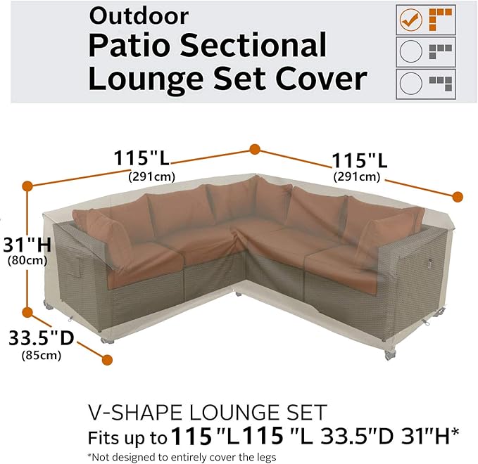 Heavy Duty Outdoor Sectional Sofa Cover, 115"X115" Waterproof 600D Patio Sectional Couch Protector, V-Shaped Lawn Winter Patio Furniture Covers-Desert Khaki
