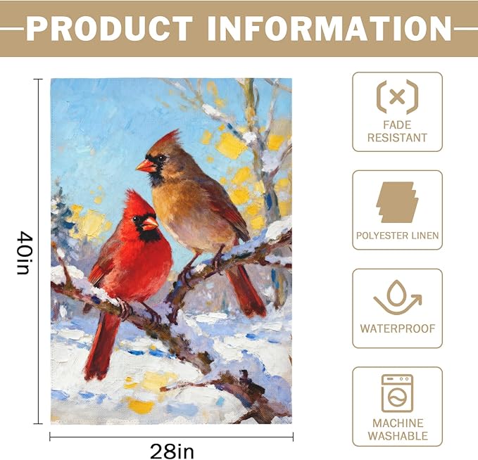 Winter Cardinal House Flag 28x40 Inch Snow Scene Bird Twigs Christmas Holiday Decorative Garden Flags for Outside Double Sided Seasonal Outdoor Home Farmhouse Decoration Yard Porch January Decor