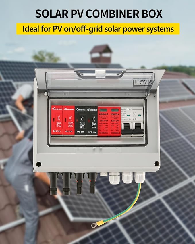 VOU 600V Solar DC PV Combiner Box,2 String with Lightning Arrester Connector for On/Off Grid Solar Panel System,2 Input 1 Out 15A Rated Current Fuse,63A Circuit Breaker,IP65 Waterproof,MCB,SPD