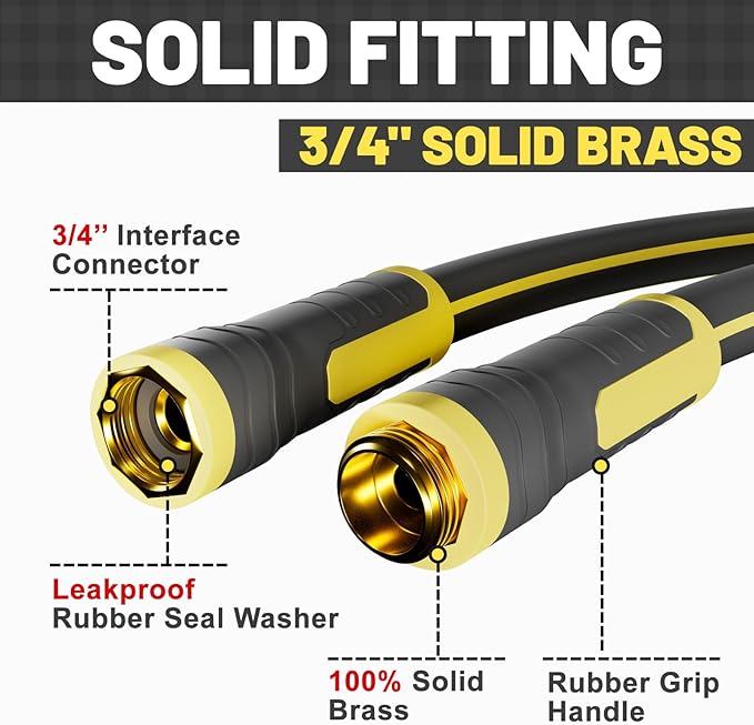 Hybrid Rubber Garden Hose 5/8 Inch, 75 ft Heavy Duty Kink-Free Water Hose, 3-Layer Reinforced, 600 PSI Burst Pressure, Water Safe, All-Weather Flexible Hoses for Yard, Lawn (Black,75 ft)