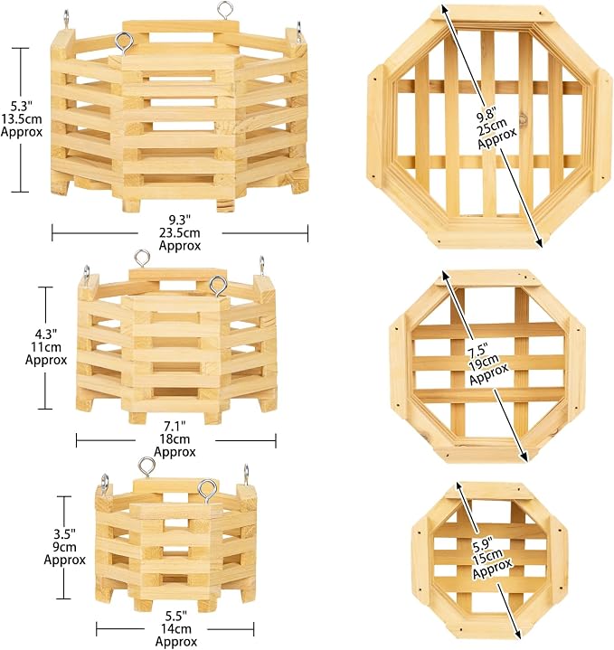 Wooden Orchid Baskets with Hangers for Ferns & Vandas, 6", 8" & 10" Octagon Wood Hanging Planter Set for Patio, Balcony Decor, Garden Flower Pots for Indoor Outdoor Plants, 3 Pack