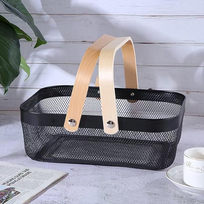 AJIODA Metal Mesh Steel Basket, Storage Organizer Basket Garden Harvest Basket Multi-functional Kitchen Fruit Baskets Bin with Wooden Handle for Bathroom Picnic Shopping Decor Cabinet Home, Black