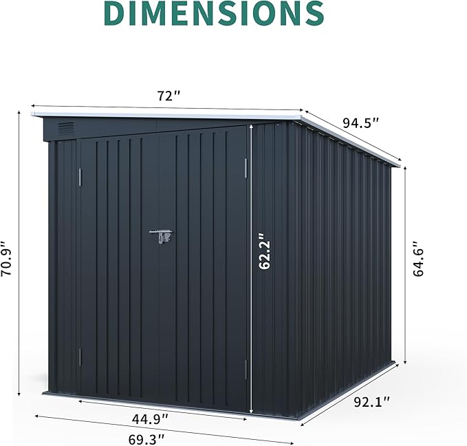 YOPTO 6x8 FT Lean to Outdoor Storage Shed,Metal Shed W/Translucent Panel,Garden Tool Storage House W/Air Vents,Lockable Double Doors & Sloped Roof,for Backyard,Patio,Lawn,Carbon Black