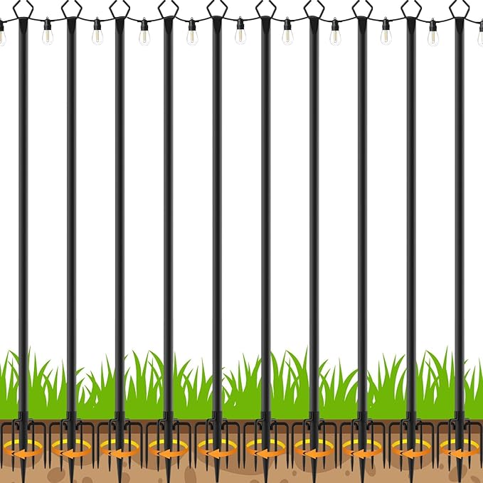10 Pack 10 FT String Light Poles,Metal with Fork Lights Poles for Outdoor String Light, Rustproof Heavy Duty for Outside Garden,Patio,Wedding,Backyard,Deck,Party