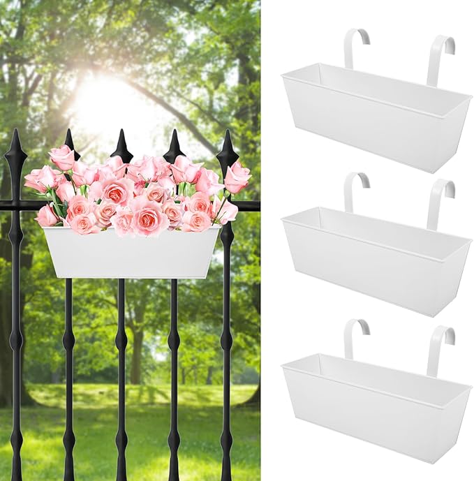 Railing Planters Outdoor Balcony 16 Inch Deck Over The Railing Planter Boxes Hanging Planters for Fence Flower 3 Pcs (White)