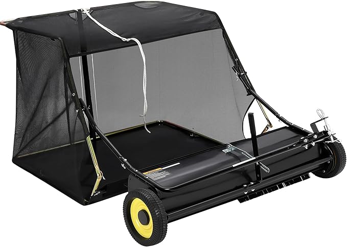 Garvee 44 in Lawn Sweeper Tow Behind with 25 cu.ft. Large Pull Behind Grass Collector, Heavy Duty Leaf Collector with Dumping Rope Design, Adjustable Sweeping Height for Picking Up Debris