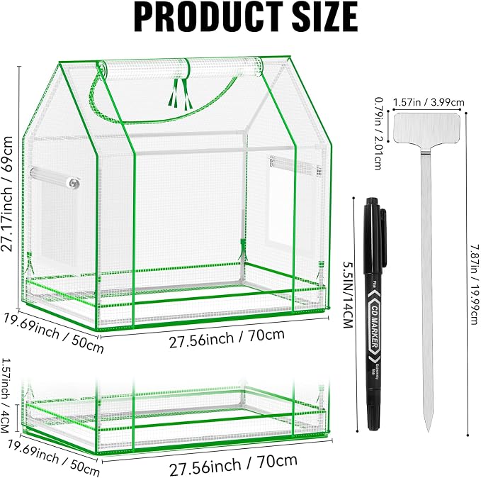 Mini Greenhouse Indoor with Waterproof PE Bottom Mat, 27.5x19.6x27.1in Tabletop Greenhouse for Seed Starting, Portable Small Greenhouse for Outdoors, Multi-Window Design & 4 304 Stainless Steel Labels