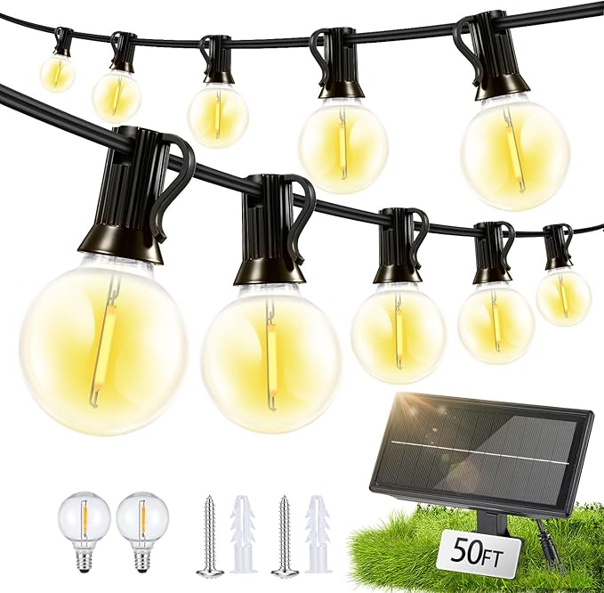 Solar Lights Outdoor Waterproof: G40 15M 50FT Shatterproof Bulbs Patio Lights - Solar Powered 3 Light Modes Solar Light - Camping Backyard Garden Deck Outside Yard