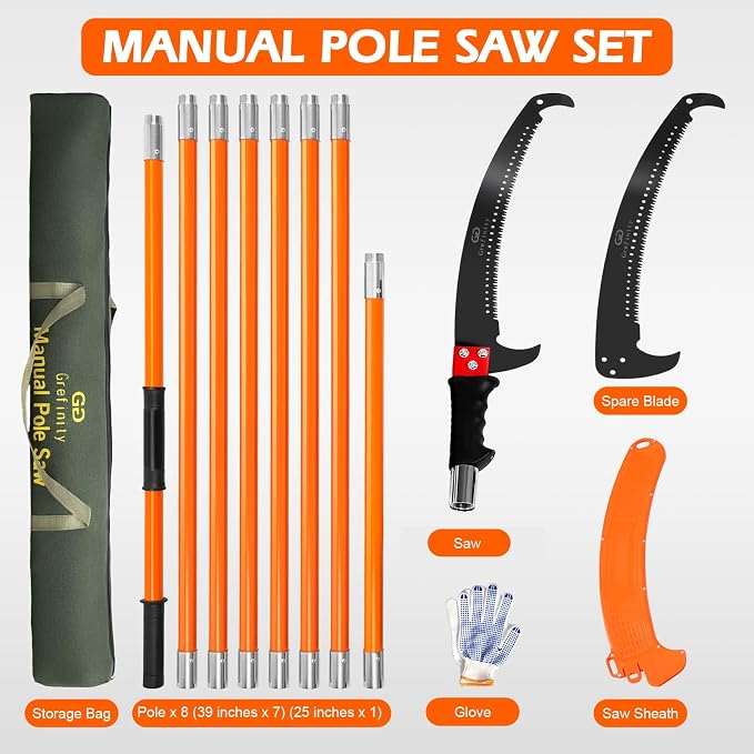 Grefinity Manual Pole Saw, 27 Ft Tree Trimmer, Extendable Pole Saws for Tree Trimming, Sharp Steel Blade, for Backyard and Garden Pruning Palms and Shrubs, Orange