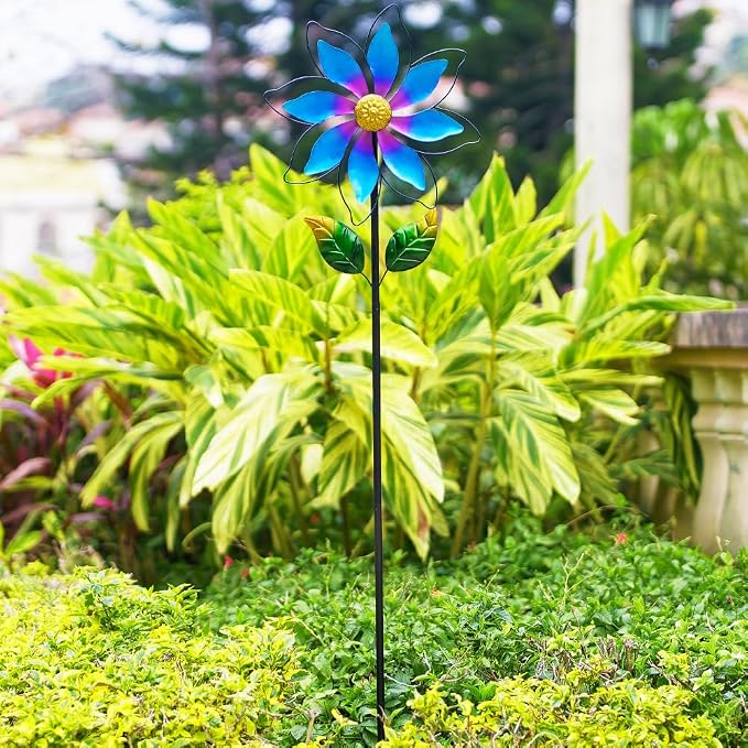14'' Wind Spinners Outdoor, Flower Metal Garden Wind Spinners Outdoor, Kinetic Wind Sculptures & Spinners for Yard Garden Lawn Decor (Blue)