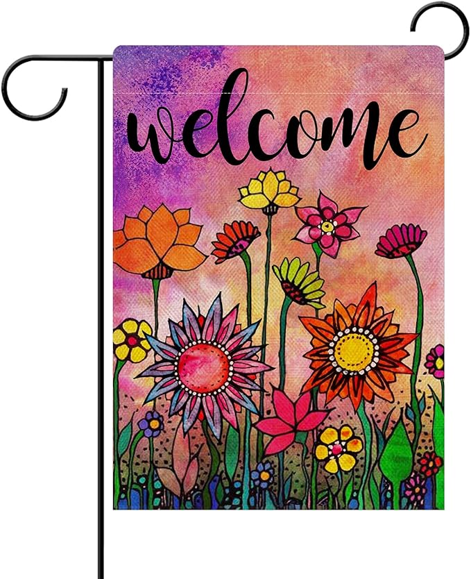 Hzppyz Welcome Spring Summer Watercolor Garden Flag Double Sided, Flowers Decorative House Yard Lawn Outdoor Small Burlap Flag Vintage Sunflower Decor Farmhouse Seasonal Outside Decorations 12 x 18