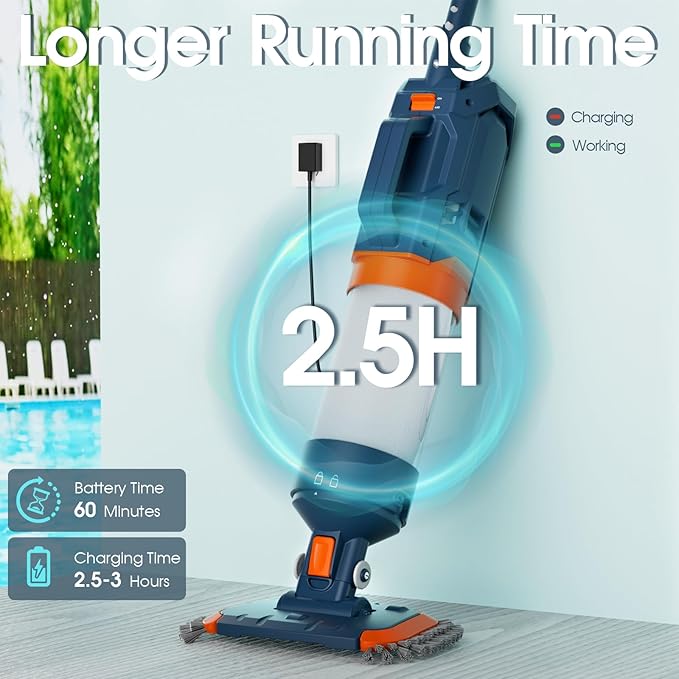 Cordless Pool Vacuum-True Powerful Suction 18.9GPM, 100inch, 1H Runtime, 25µm Fluff Ultra Fine Filter,Handheld Rechargeable Hot Tub Cleaner with Poles for Above Ground&Inground Pool