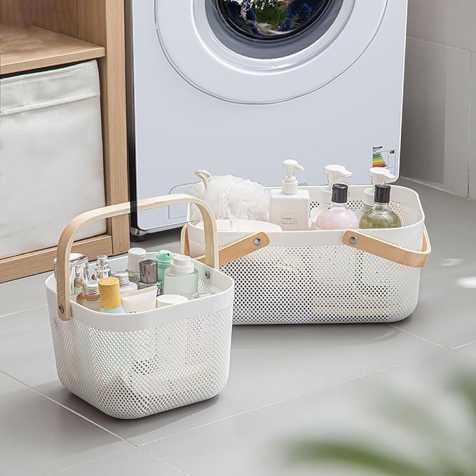 Nexboraque 2 Pack Plastic Mesh Garden Harvest Basket, Plastic Picnic Baskets with Foldable Wooden Handle, Rectangle Fruit Vegetable Storage Organizer Bins for Gathering, Kitchen, Pantry, White