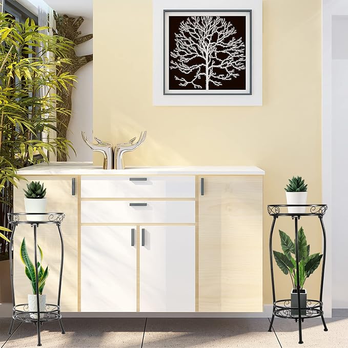 Kavlium 2-Pack Plant Stand Indoor Outdoor,Tall Black Metal Rustproof Stable Plant Stands,2 Tier 27.1 inch Multiple Plant Rack for Planter Corner Garden Living Room & Garden