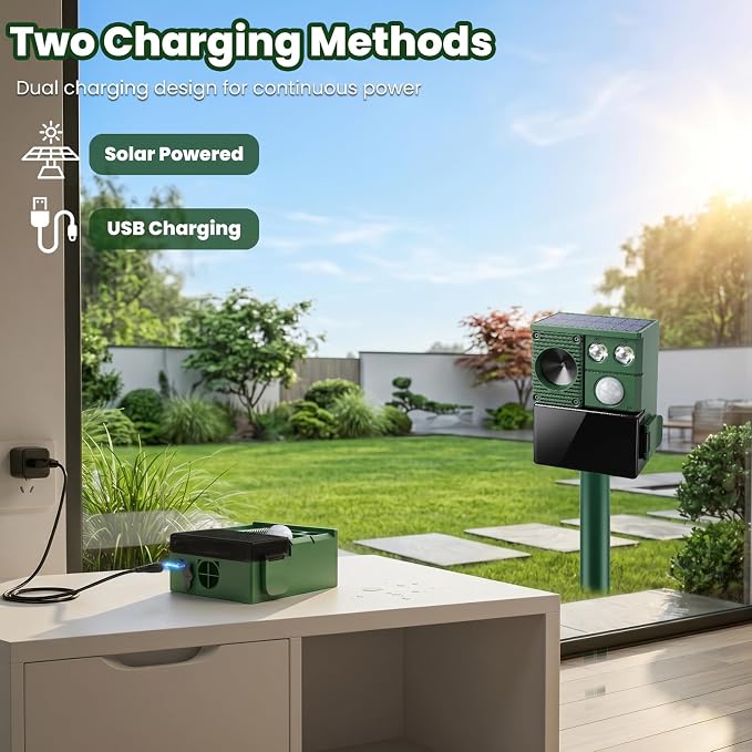 Solar Ultrasonic Animal Repellent Outdoor, 2026 Upgraded Cat Repellent with PIR Sensor & Flashing Light, Deer Repellent Devices Cat Raccoon Squirrel Rabbit Skunk Deterrent for Patio Garden
