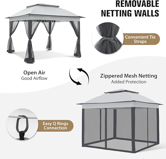 COOS BAY Pop up Gazebo 11x11, Instant Canopy Tent with Mesh Netting, Patio Gazebo with 121 Square Feet of Shade, 4 Weight Bags Included, Gray