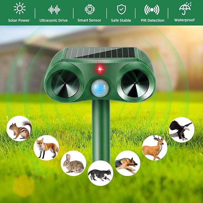 2026 Upgraded Solar Ultrasonic Animal Repellent Sonic Deer Repellent Devices Cat Deterrent Outdoor with Motion Sensor to Keep Raccoon Squirrel Rabbit Dog Away from Yard Lawn Garden 4 Pack