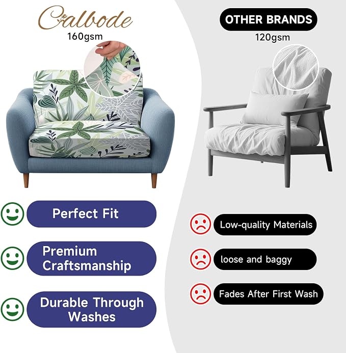 CALBODE 8 Pcs Stretch Outdoor Seat Cushion Covers, Washable Chair Seat Cover for Patio Furniture Cushions Soft Indoor and Outdoor Couch Cover Replacement (Green Leaves, Cover Only)