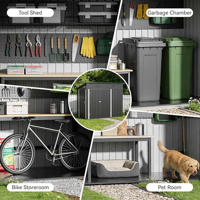 COMHOMA Shed Storage Outdoor Metal Windowed Lockable Weatherproof Ventilated Backyard Garden Utility Workshop(Grey,8'*4')