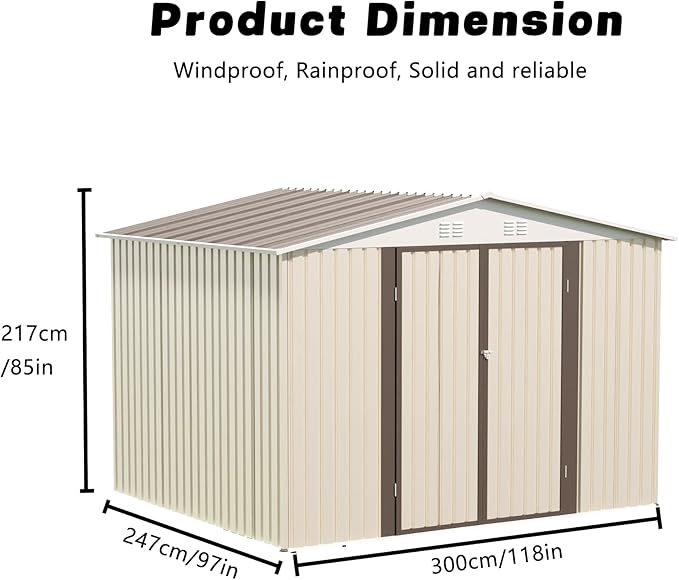 YOPTO 10x8 FT Outdoor Storage Shed,Metal Aluminum Tool Sheds,Heavy-Duty Sheds with Sloped Roof, Air Vent and Hinge Doors,Garden Shed Bike Shed for Backyard Patio Lawn,Cream White