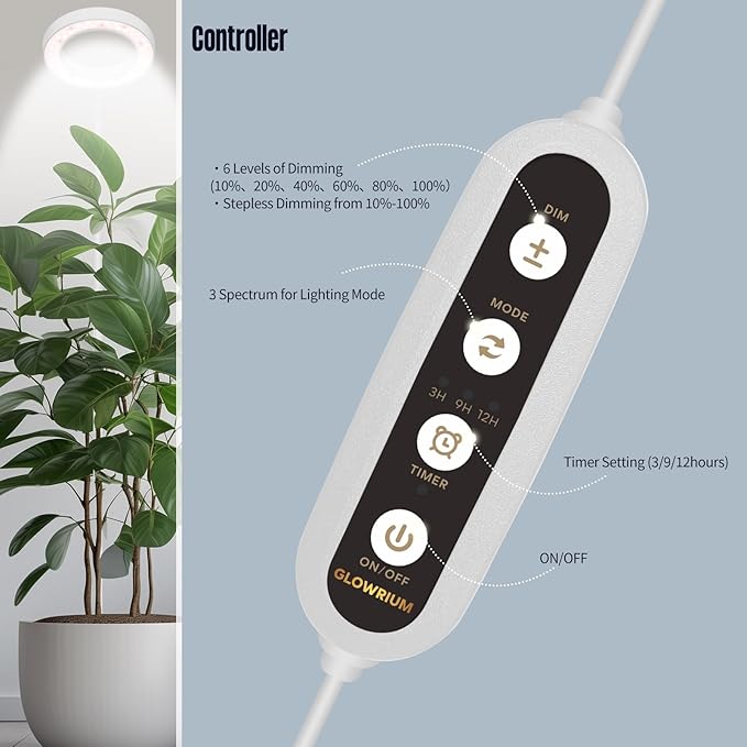 GLOWRIUM Grow Lights for Indoor Plants,20W Full Spectrum LED Plant Light with Stand,Adjustable Height,3/9/12H Timer,6 Dimmable Levels & 3 Lighting Modes (White-Single Head)